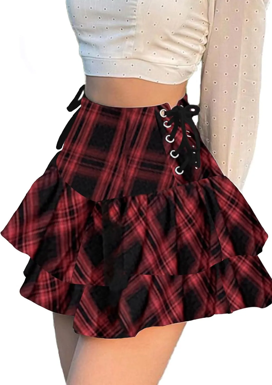 AULKEEP Womens Lace Up Skirts Goth Ruffle Mini Skirt Y2k Black High Waist Skirt Summer Punk Short Skirts