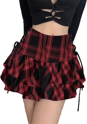 AULKEEP Womens Lace Up Skirts Goth Ruffle Mini Skirt Y2k Black High Waist Skirt Summer Punk Short Skirts