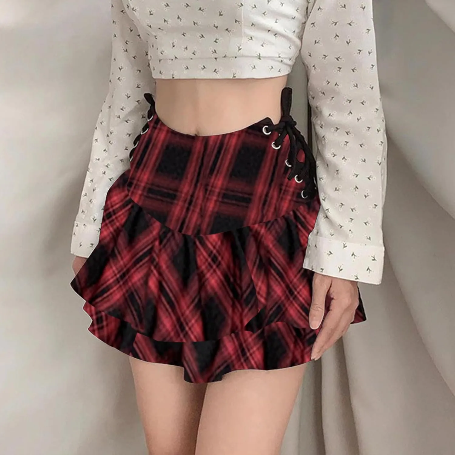 AULKEEP Womens Lace Up Skirts Goth Ruffle Mini Skirt Y2k Black High Waist Skirt Summer Punk Short Skirts