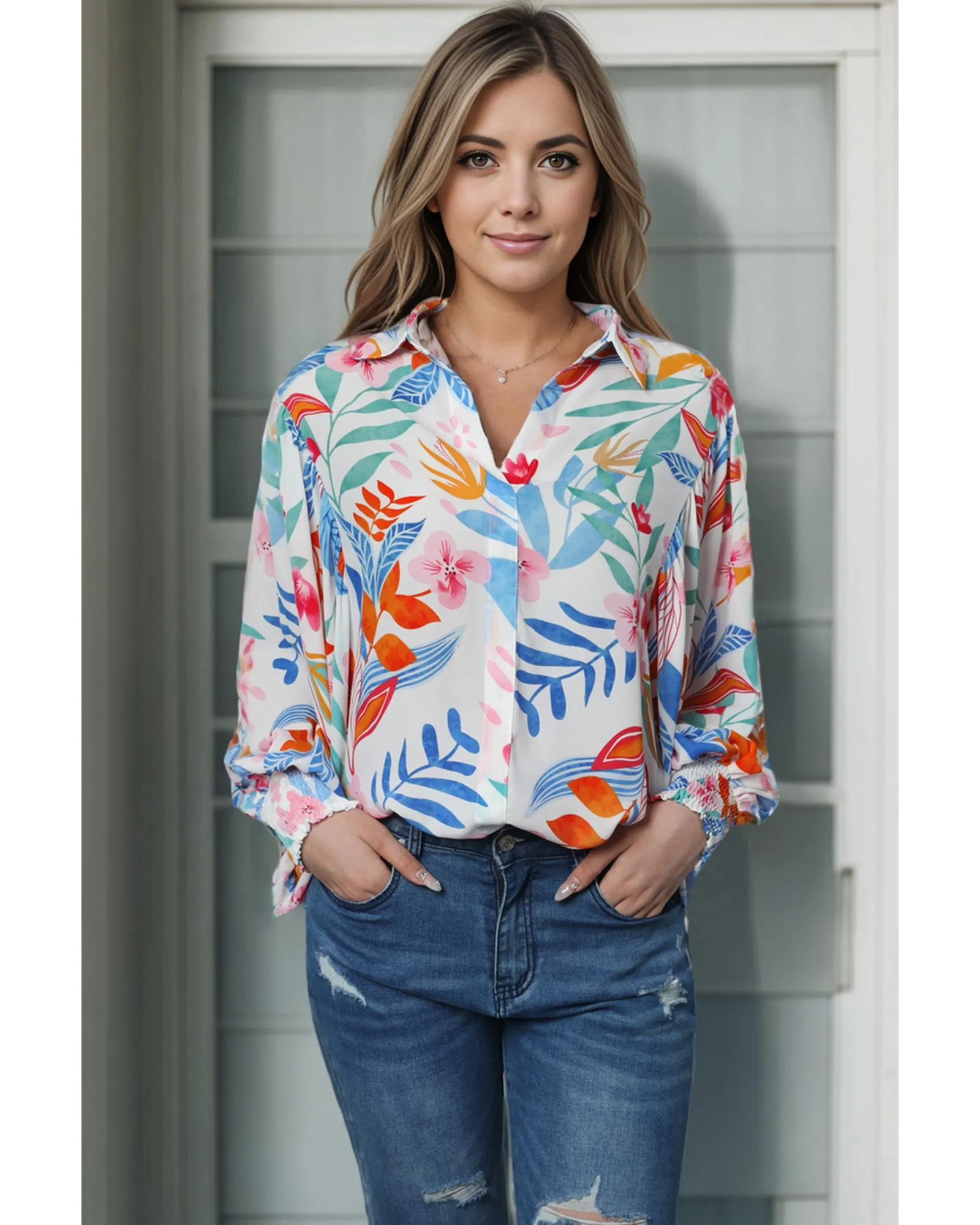 Azura Exchange Vibrant Floral Printed Billowy Sleeve Shirt - M