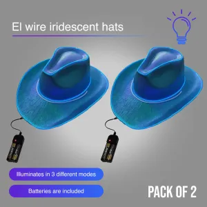 Blue EL WIRE Light Up Iridescent Space Cowboy Hat - Pack of 2 Hats