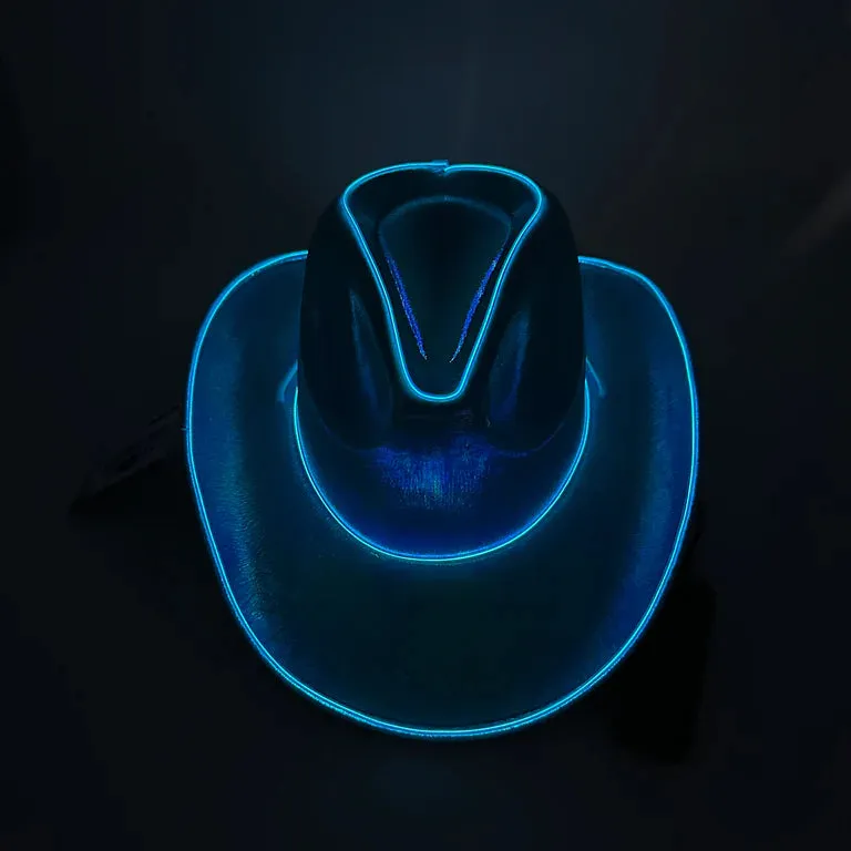 Blue EL WIRE Light Up Iridescent Space Cowboy Hat - Pack of 2 Hats