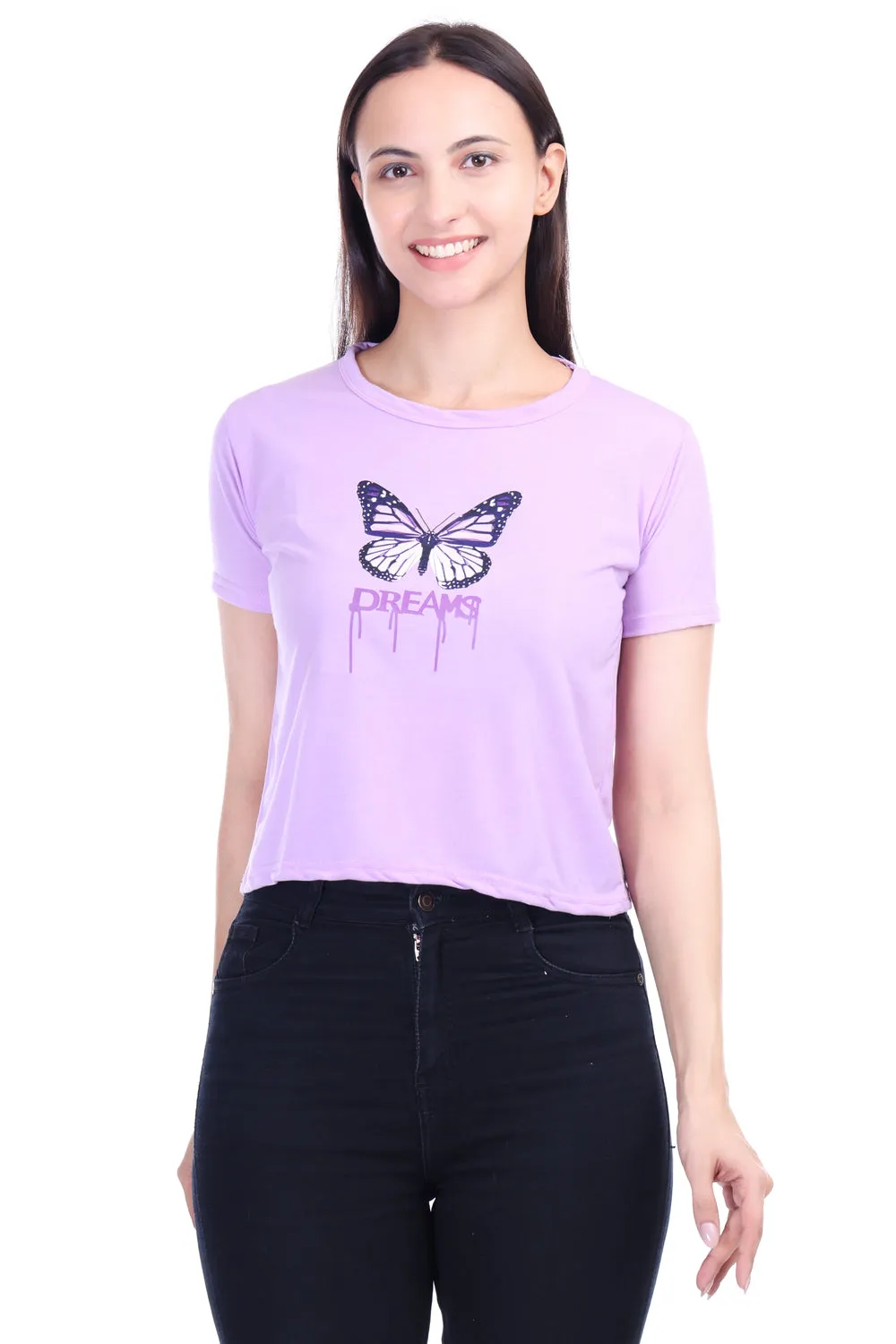 DK FASHION Women's  Women Solid Round Neck Pure Cotton Lavender Butterfly Print T-Shirt