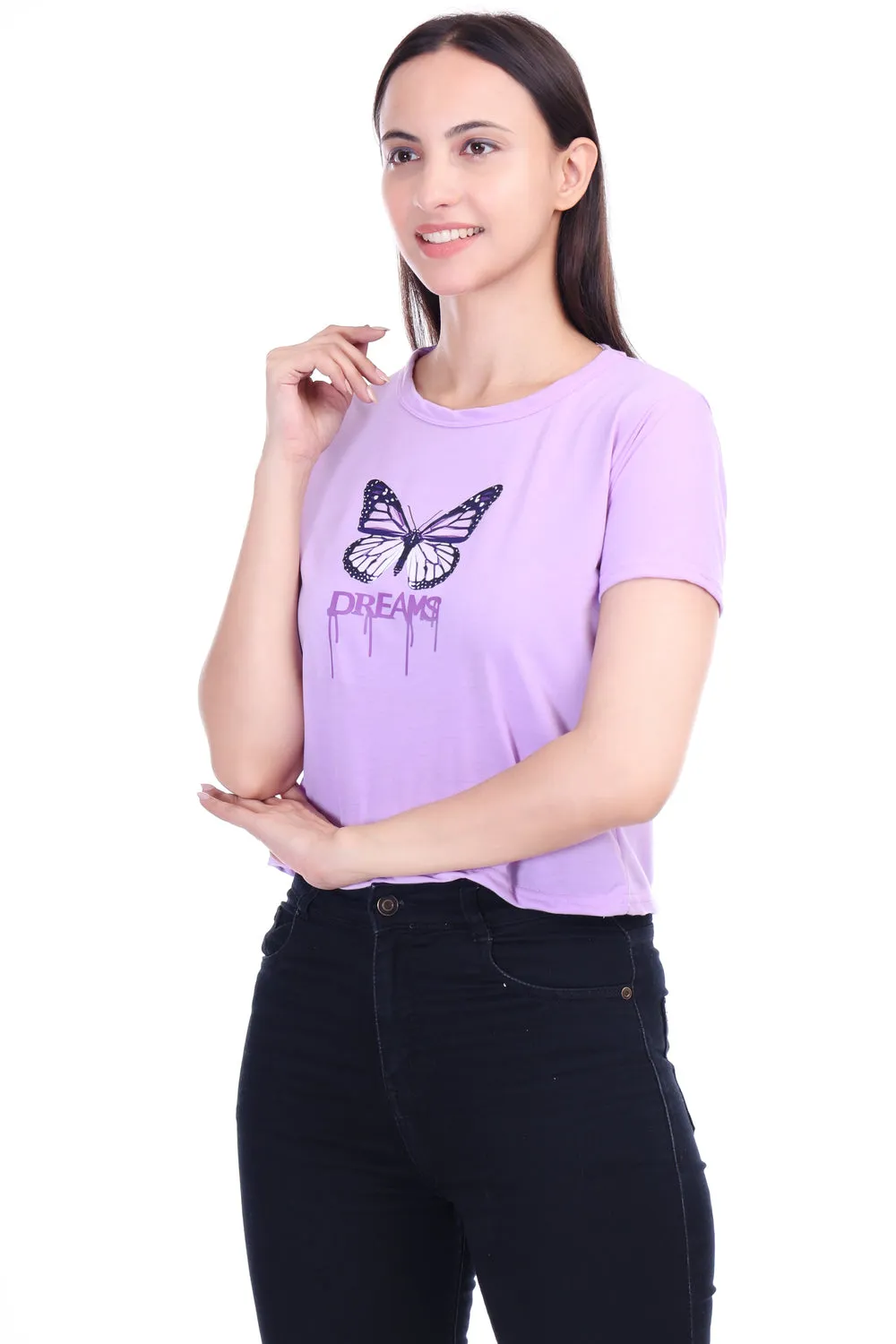 DK FASHION Women's  Women Solid Round Neck Pure Cotton Lavender Butterfly Print T-Shirt