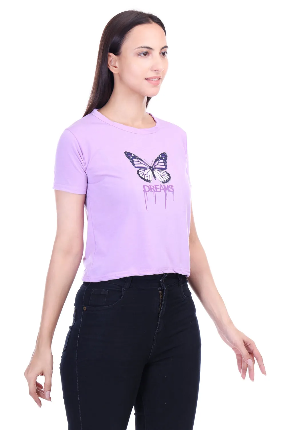 DK FASHION Women's  Women Solid Round Neck Pure Cotton Lavender Butterfly Print T-Shirt