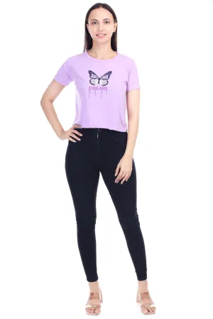 DK FASHION Women's  Women Solid Round Neck Pure Cotton Lavender Butterfly Print T-Shirt