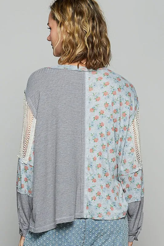 Floral Crochet Patch V-Neck Top