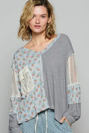 Floral Crochet Patch V-Neck Top
