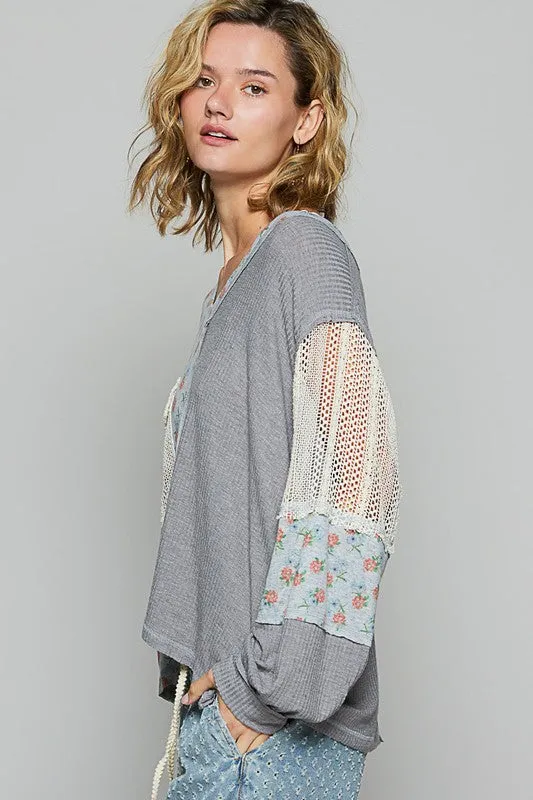 Floral Crochet Patch V-Neck Top