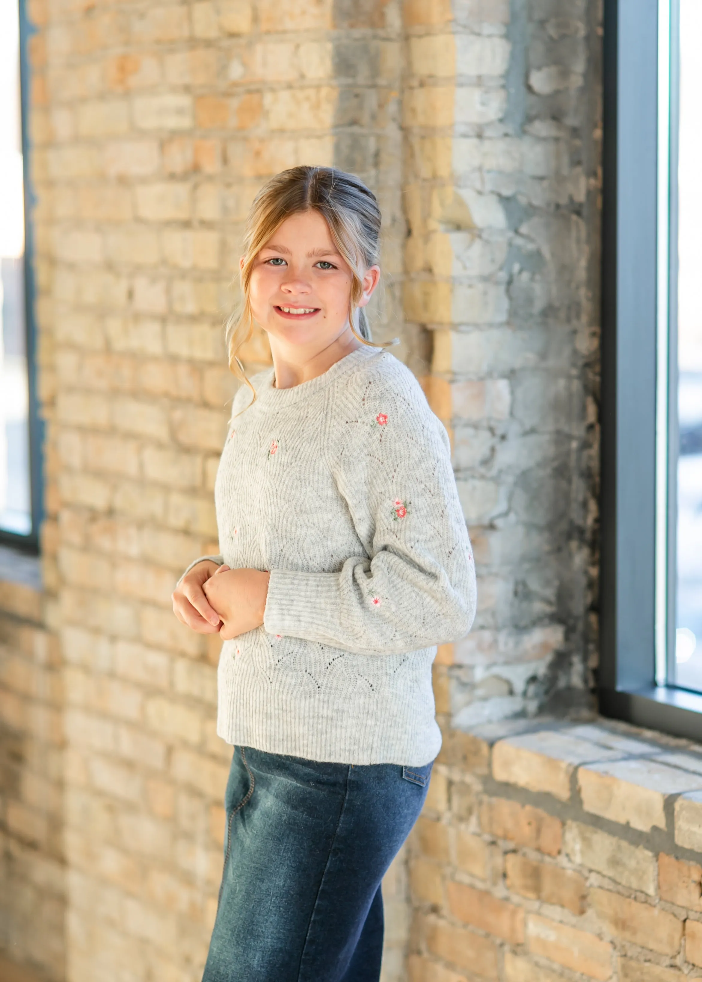 Girl's Crewneck Embroidered Sweater