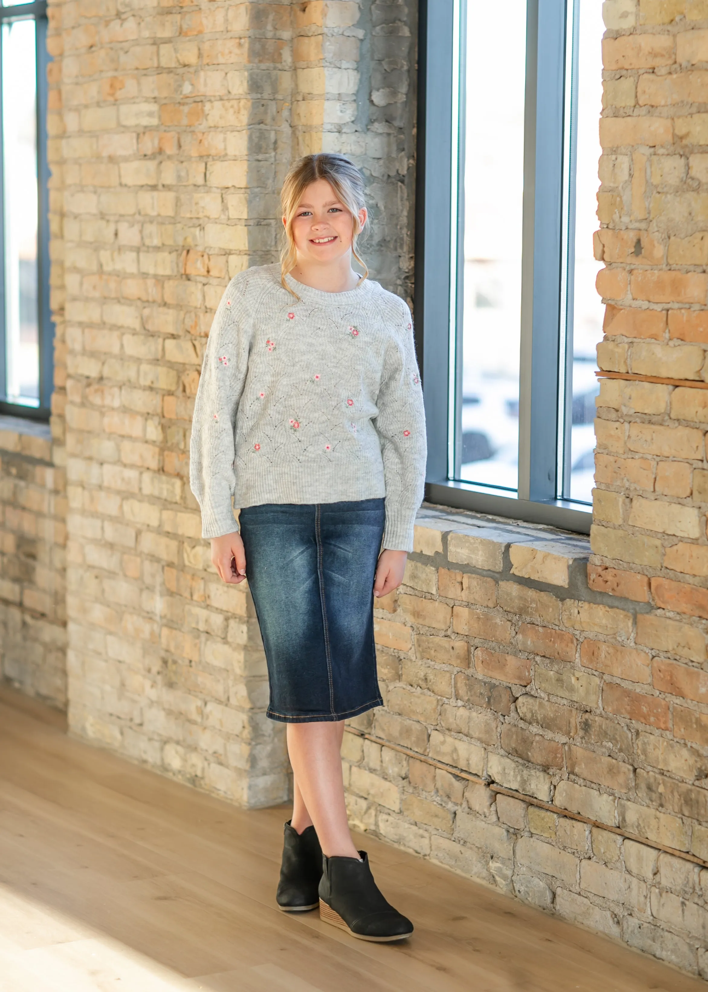Girl's Crewneck Embroidered Sweater