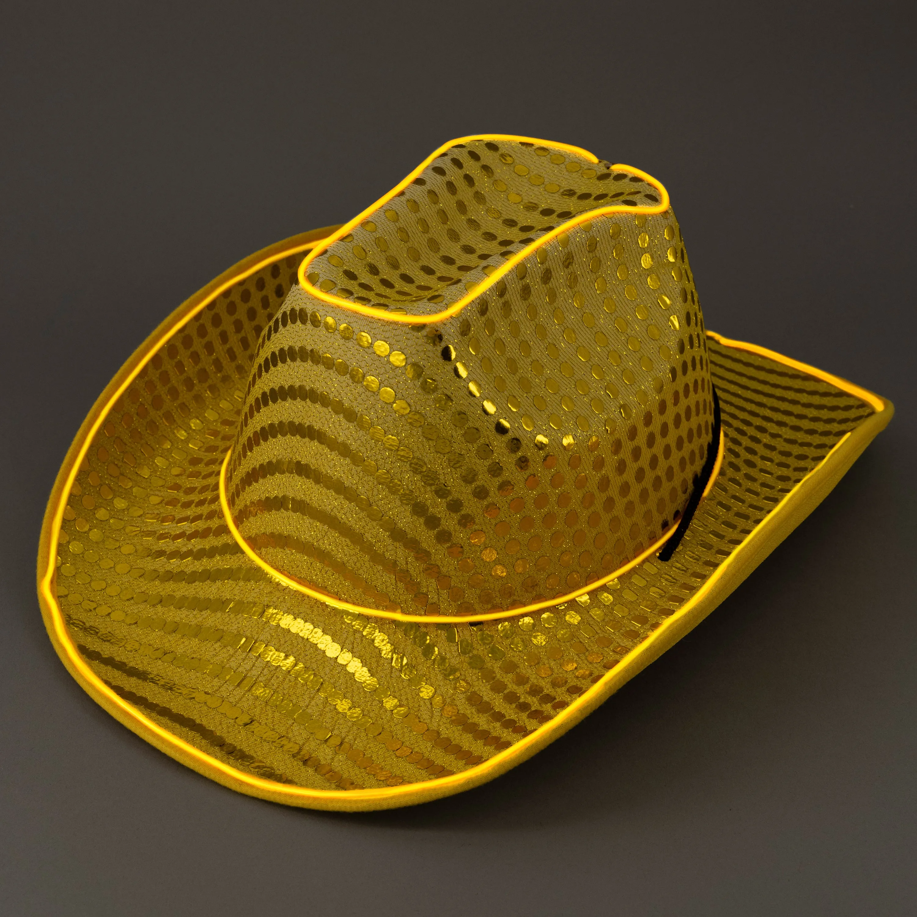 LED Flashing Gold EL Wire Sequin Cowboy Party Hat - Pack of 36 Hats