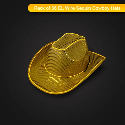 LED Flashing Gold EL Wire Sequin Cowboy Party Hat - Pack of 36 Hats