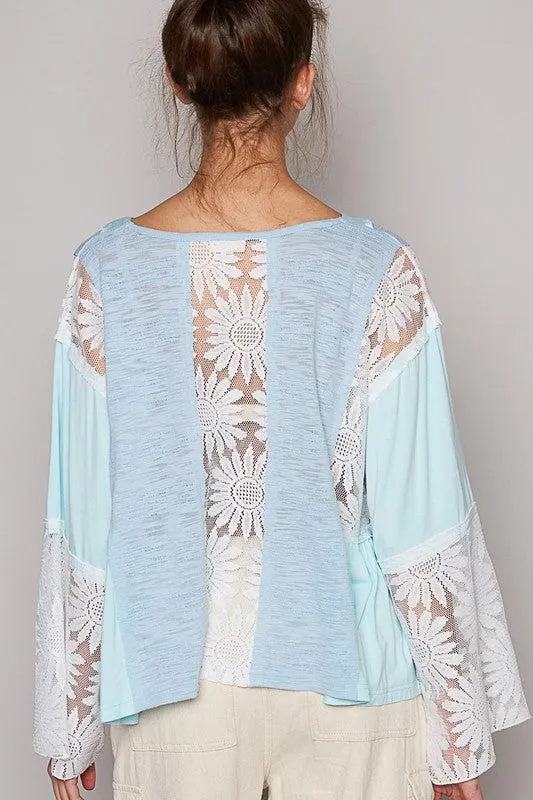 Light Blue Lace Detail V-Neck Flare Sleeve Blouse