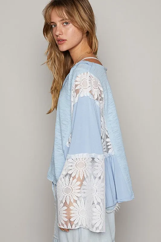 Light Blue Lace Detail V-Neck Flare Sleeve Blouse