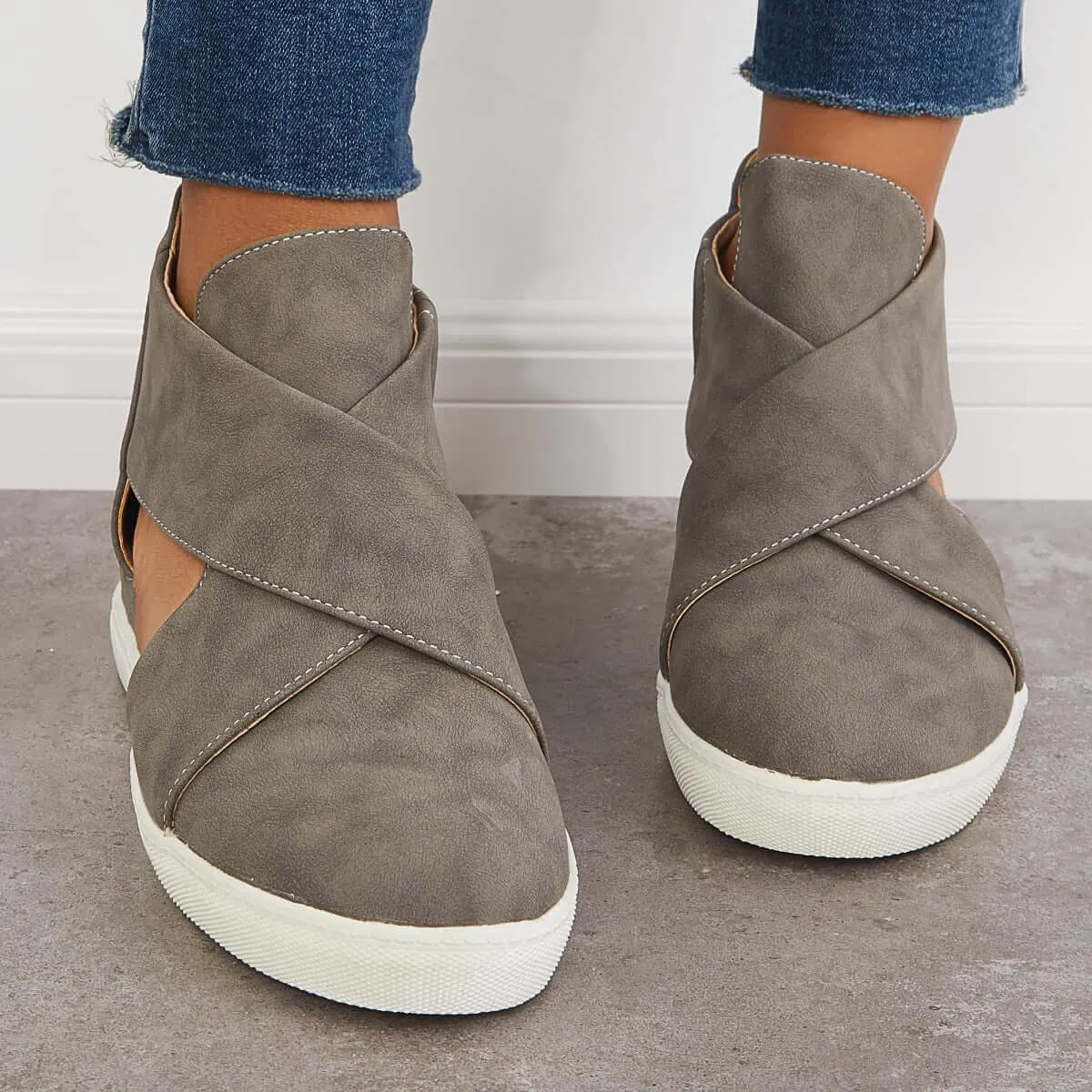 Sohiwoo Women Stylish Crisscross Platform Wedge Sneakers Closed Toe Cut Out Shoes