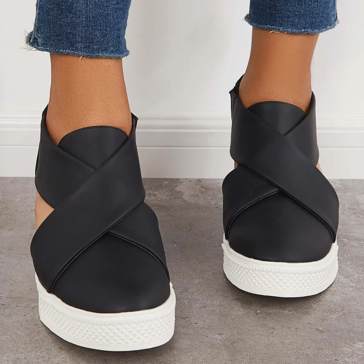 Sohiwoo Women Stylish Crisscross Platform Wedge Sneakers Closed Toe Cut Out Shoes