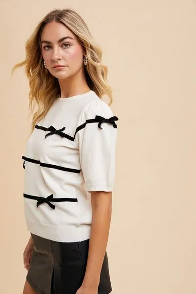 Striped Bow Round Neck Knit Top