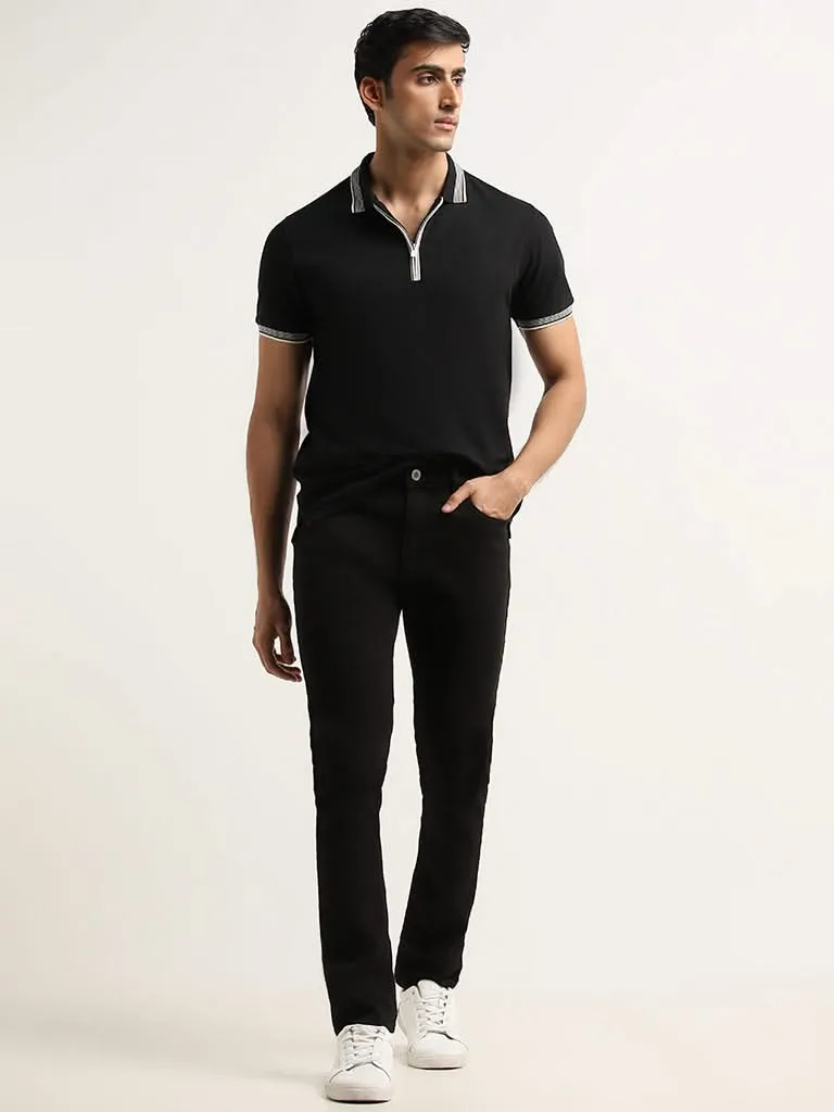 WES Casuals Black Slim-Fit Polo T-Shirt