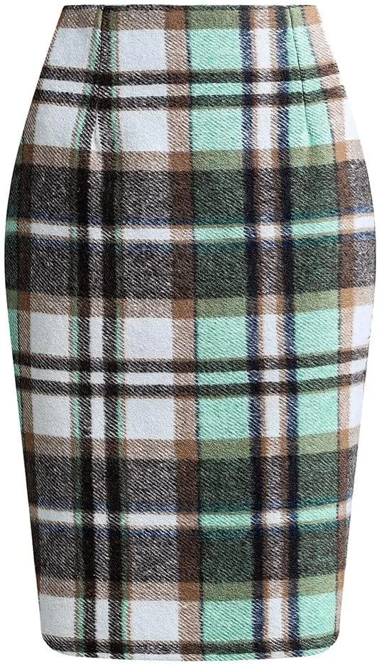 Women Wool Plaid Skirts Knee Length Preppy Clothes Bodycon Checkered Pencil Skirt High Waist Fall Winter Skirts