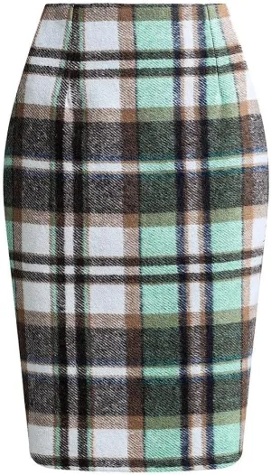 Women Wool Plaid Skirts Knee Length Preppy Clothes Bodycon Checkered Pencil Skirt High Waist Fall Winter Skirts