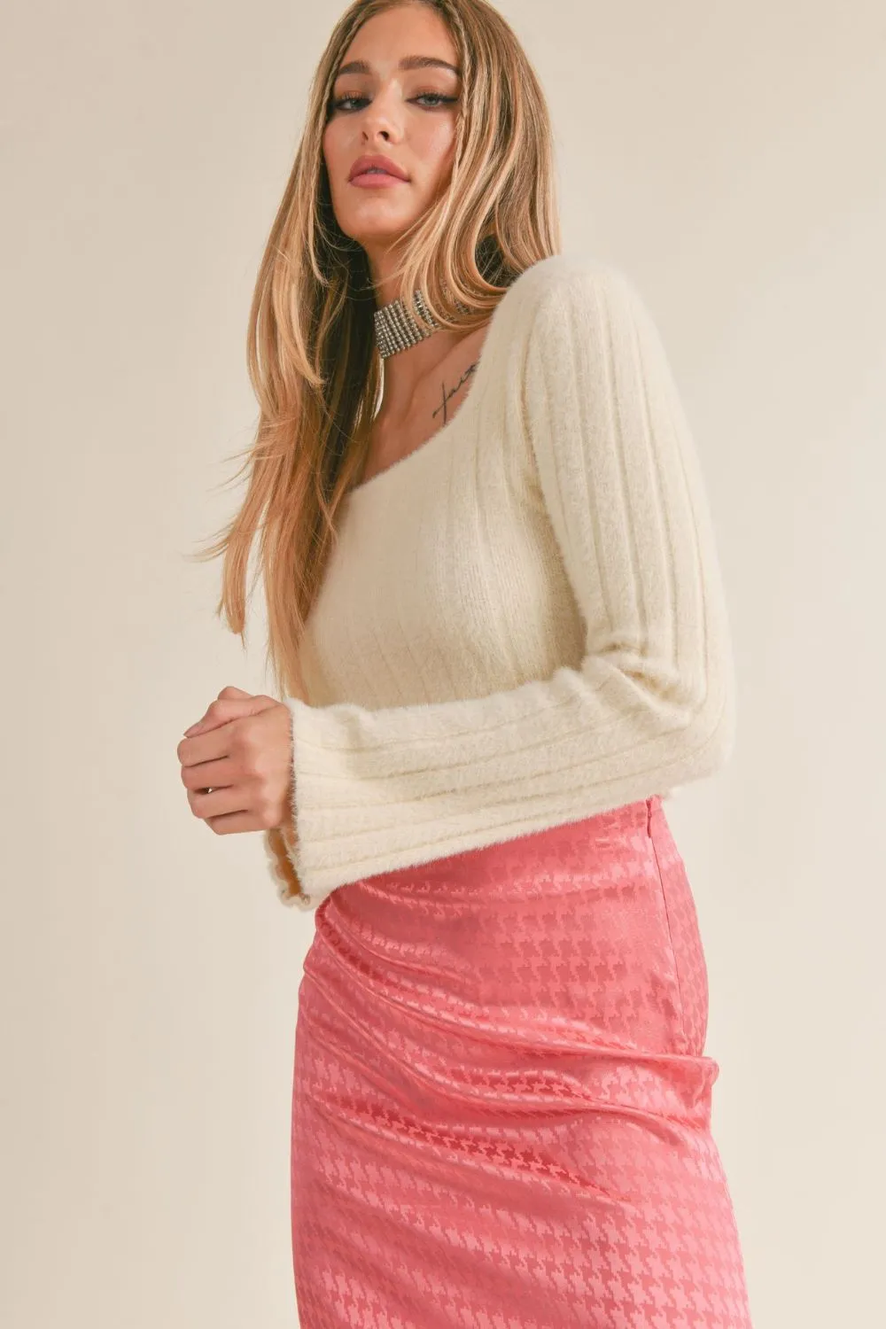 Women's Fuzzy Square Neck Sweater | Cream