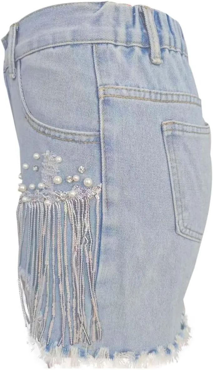 Womens High Waisted Jean Shorts Trendy Rhinestone Tassel Ripped Denim Shorts Stretch Y2K Cut-Off Short with Pockets