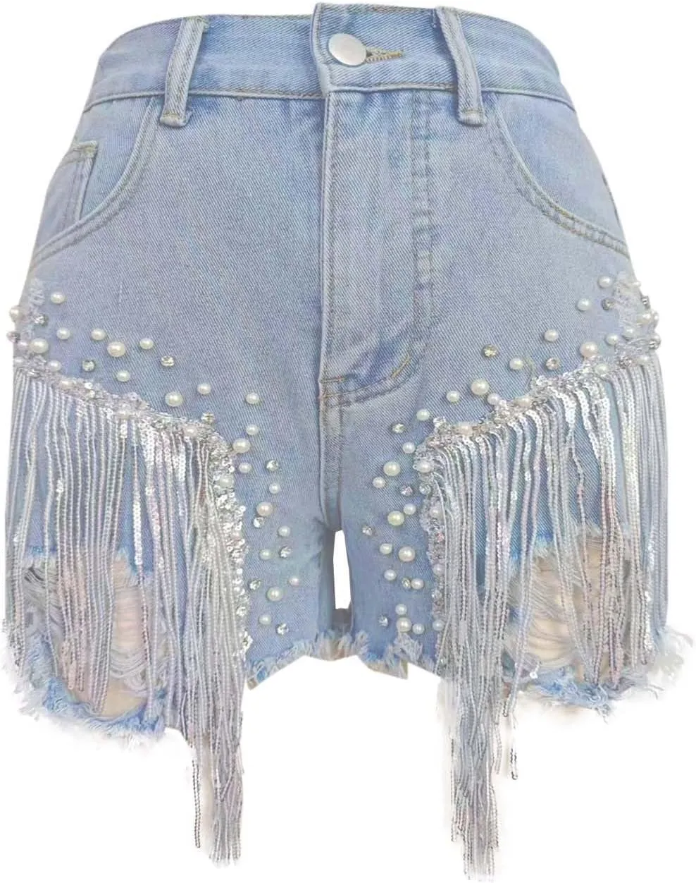 Womens High Waisted Jean Shorts Trendy Rhinestone Tassel Ripped Denim Shorts Stretch Y2K Cut-Off Short with Pockets