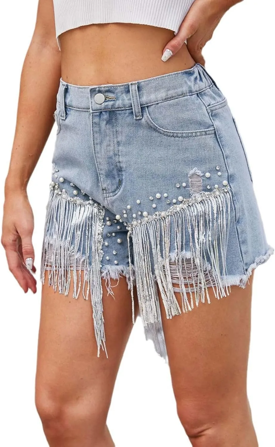 Womens High Waisted Jean Shorts Trendy Rhinestone Tassel Ripped Denim Shorts Stretch Y2K Cut-Off Short with Pockets