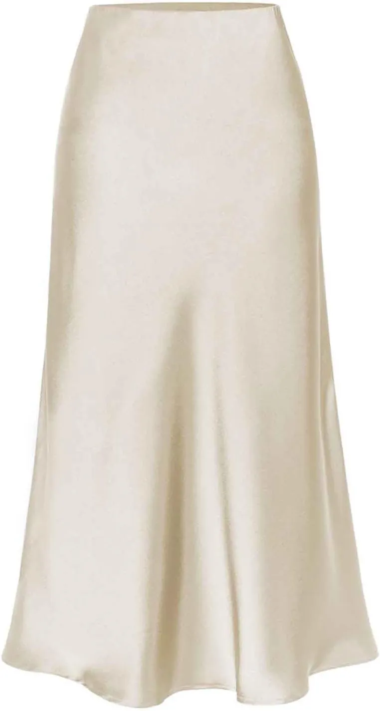 Womens Satin Silk High Waisted Solid Color Slit Midi Skirt Elastic Waist Glossy Office Work Skirt