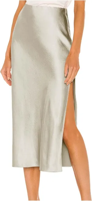 Womens Satin Silk High Waisted Solid Color Slit Midi Skirt Elastic Waist Glossy Office Work Skirt