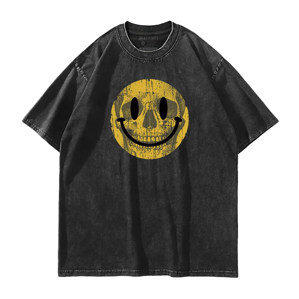 Yellow Skull Smiley Face Washed T-Shirt